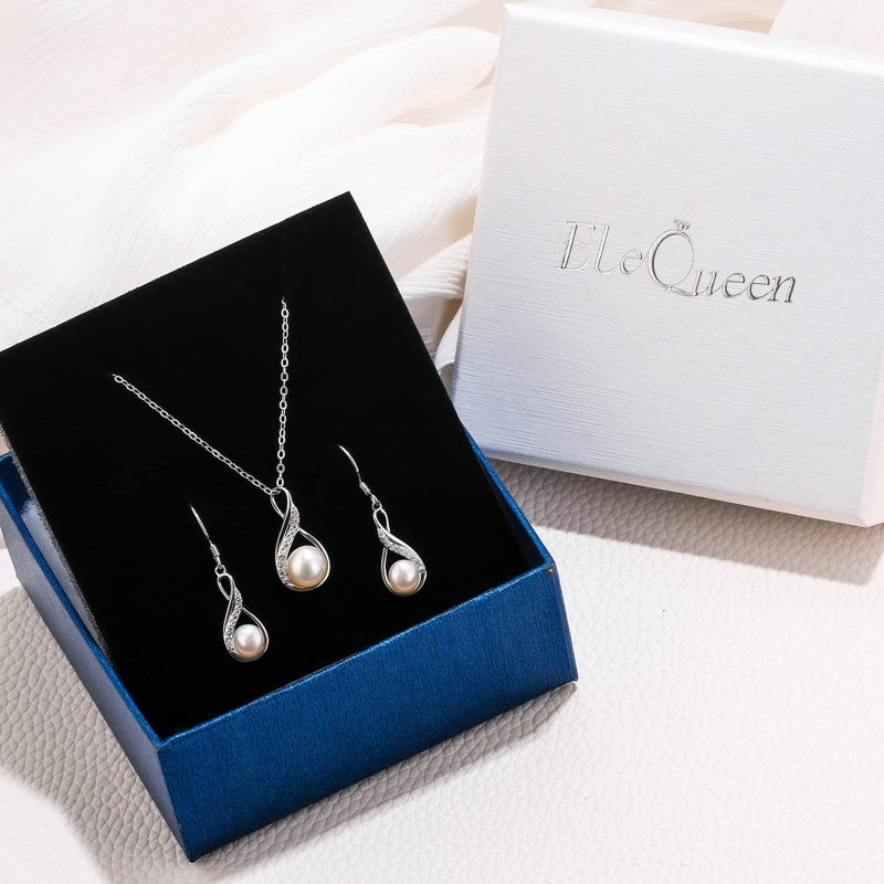 EleQueen 925 Sterling Silver CZ Freshwater Cultured Pearls Bridal Pendant Necklace Earrings Wedding Jewelry Sets, Valentine's Mother's Day Christmas Gift for Mom - Image 5